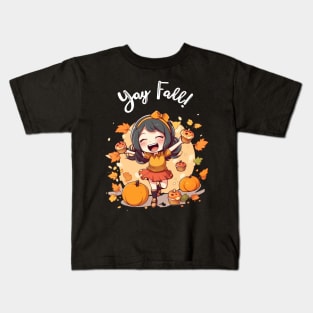 Fall for Our Adorable Chibi Art - Cute and Cozy Autumn Vibes, Yay FALL (White Letters) Kids T-Shirt